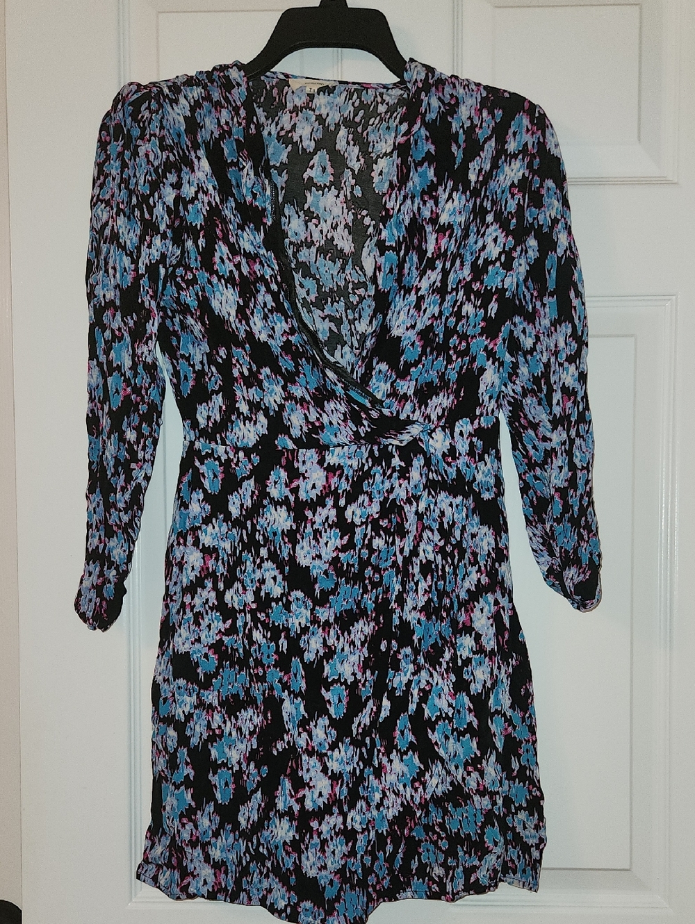 SUNCOO Black Floral Wrap Dress with Blue and Pink Accents
